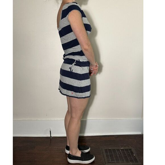 Y2K American Eagle Blue Gray Striped Waist Tie Dress Size Medium - Picture 5 of 7